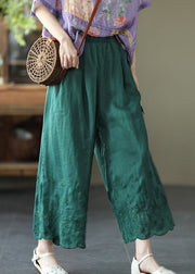 Green High Waist Linen Wide Leg Pants Embroideried Summer