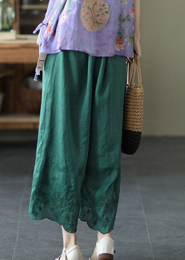 Green High Waist Linen Wide Leg Pants Embroideried Summer