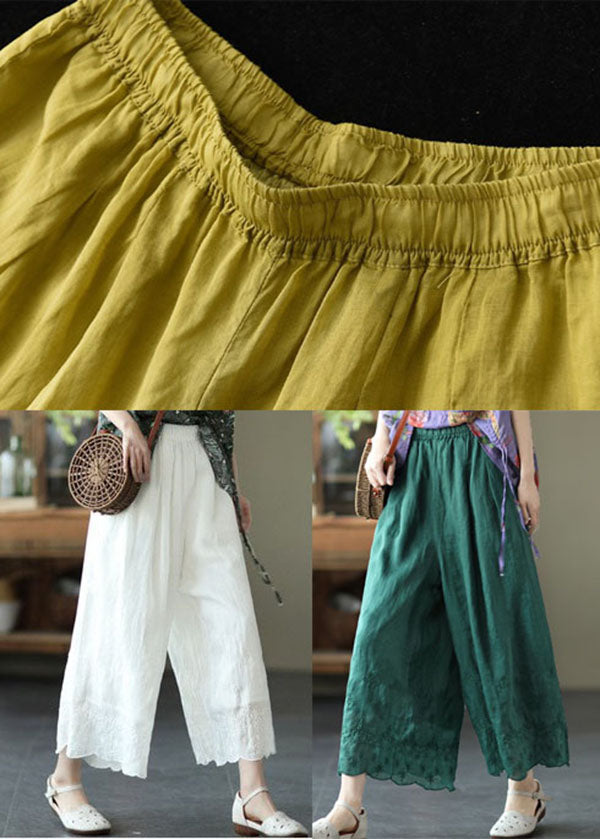 Green High Waist Linen Wide Leg Pants Embroideried Summer