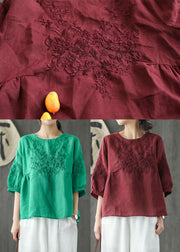 Green Loose Blouse Tops wrinkled Half Sleeve