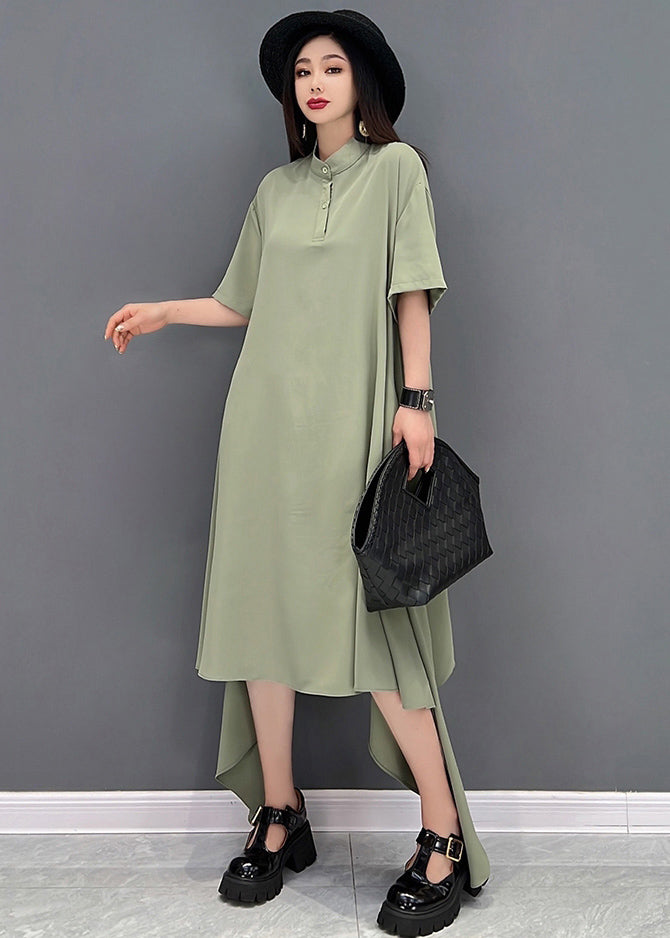 Green Low High Design Chiffon Shirt Dresses Stand Collar Short Sleeve