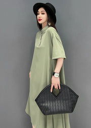 Green Low High Design Chiffon Shirt Dresses Stand Collar Short Sleeve