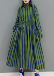 Green Maxi Dresses Stand Collar Cinched Spring