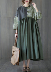 Green Patchwork Button Cotton Dresses Spring