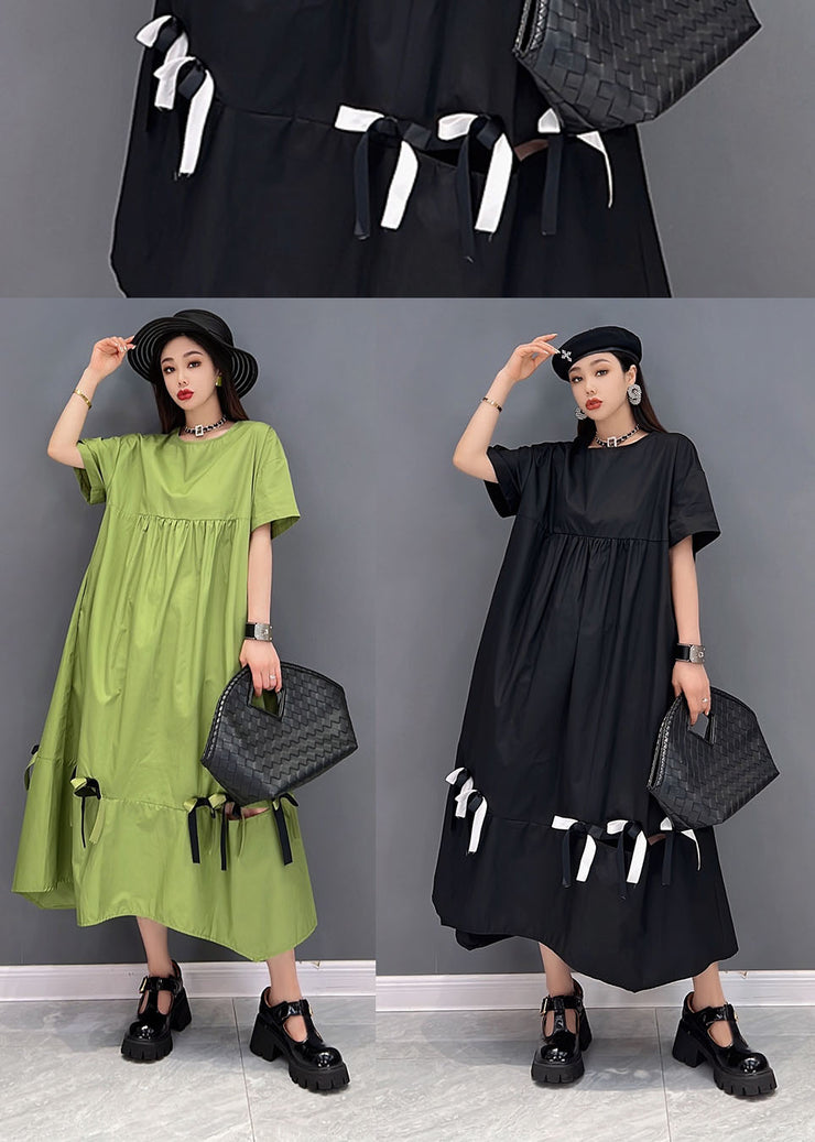 Green Patchwork Cotton Loose Dresses Solid Ruffles Short Sleeve