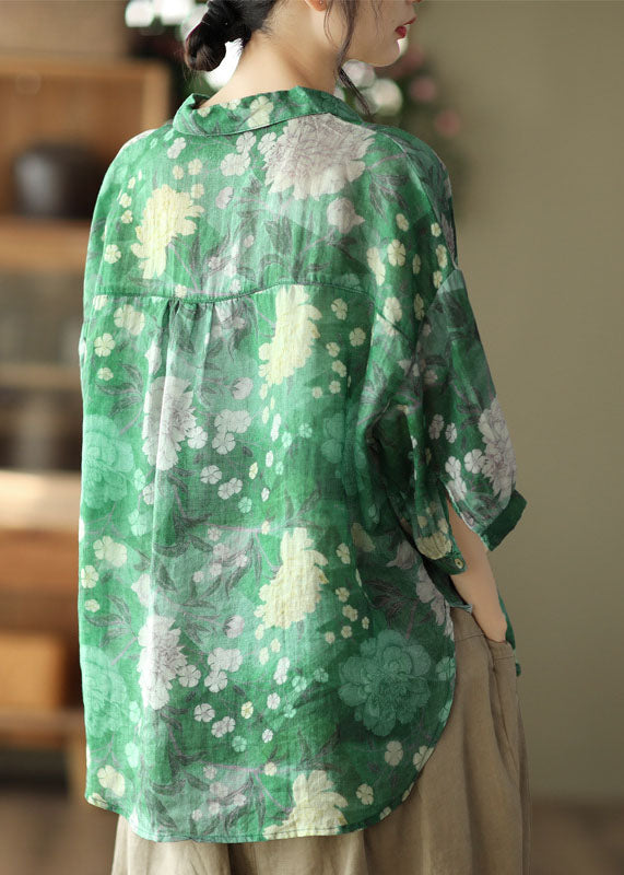 Green Patchwork Linen Shirt Top Button Print Half Sleeve