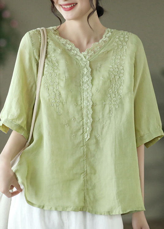 Green Patchwork Linen Shirt Top Embroideried Half Sleeve