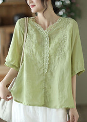 Green Patchwork Linen Shirt Top Embroideried Half Sleeve