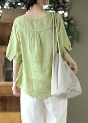 Green Patchwork Linen Shirt Top Embroideried Half Sleeve