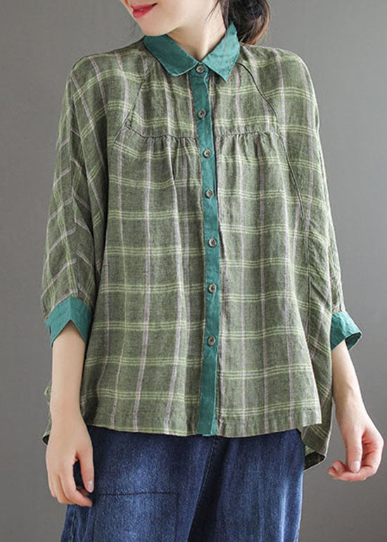 Green Plaid Patchwork Shirt Tops Three Quarter sleeve