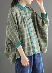 Green Plaid Patchwork Shirt Tops Three Quarter sleeve