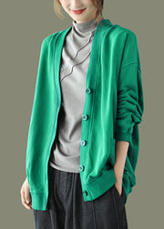 Green Pockets Knitted Patchwork Coats Long Sleeve