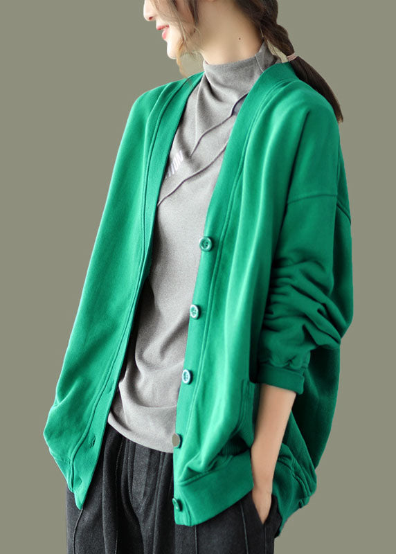 Green Pockets Knitted Patchwork Coats Long Sleeve