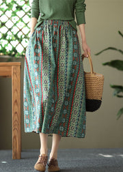 Green Pockets Print Linen Skirts High Waist Summer