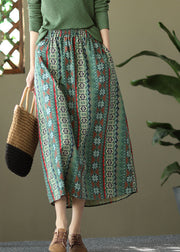 Green Pockets Print Linen Skirts High Waist Summer