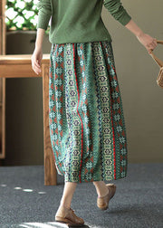 Green Pockets Print Linen Skirts High Waist Summer