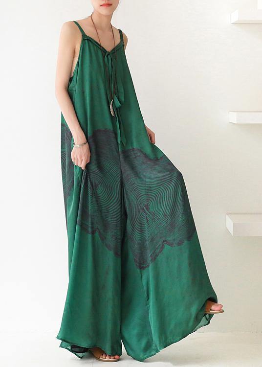 Green Print Jumpsuit Summer Strap Wide Leg Pants - SooLinen