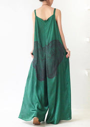 Green Print Jumpsuit Summer Strap Wide Leg Pants - SooLinen