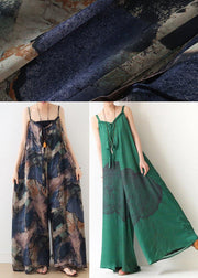 Green Print Jumpsuit Summer Strap Wide Leg Pants - SooLinen