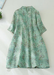 Green Print Linen Mid Dress Mandarin Collar Tie Waist Half Sleeve