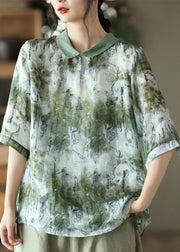 Green Print Linen Shirt Top Tie Dye Half Sleeve