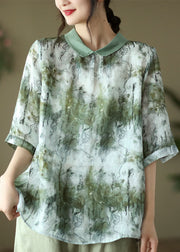 Green Print Linen Shirt Top Tie Dye Half Sleeve