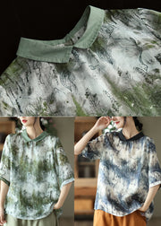 Green Print Linen Shirt Top Tie Dye Half Sleeve