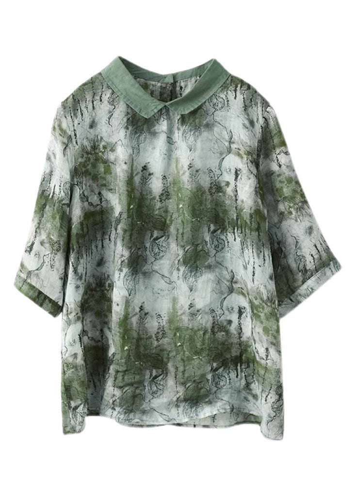 Green Print Linen Shirt Top Tie Dye Half Sleeve