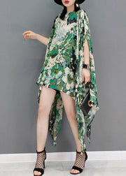 Green Print Loose Chiffon Dress Asymmetrical Design Batwing Sleeve