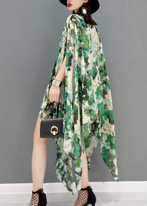 Green Print Loose Chiffon Dress Asymmetrical Design Batwing Sleeve