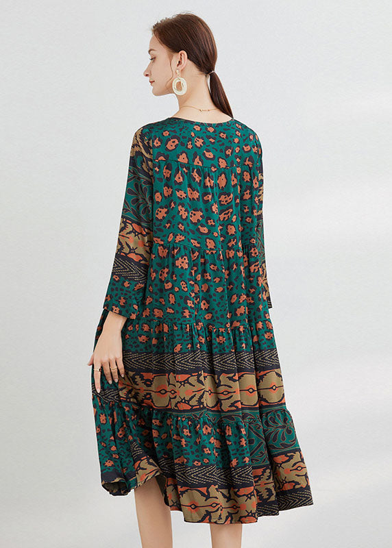 Green Print Patchwork Satin Loose Dresses Spring