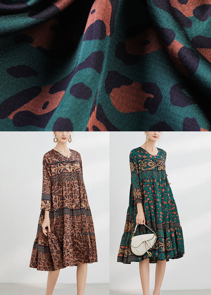 Green Print Patchwork Satin Loose Dresses Spring