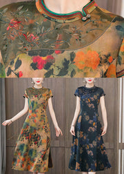 Green Print Silk Cheongsam Dresses Embroideried Slim Fit Summer