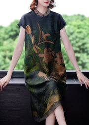 Green Print Silk Dress Embroideried Short Sleeve