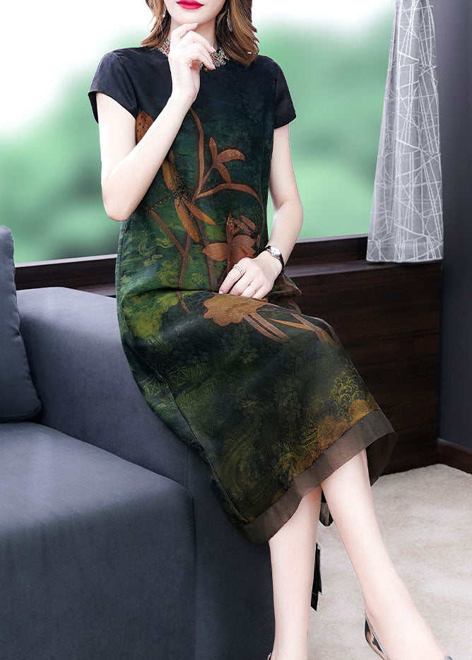 Green Print Silk Dress Embroideried Short Sleeve