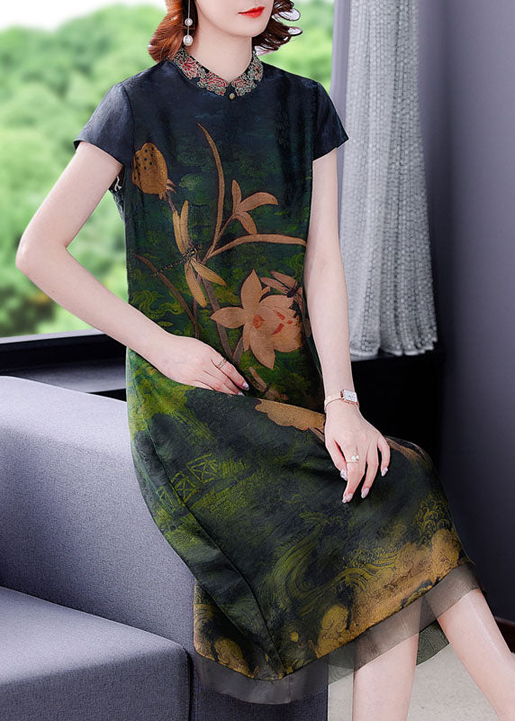 Green Print Silk Dress Embroideried Short Sleeve