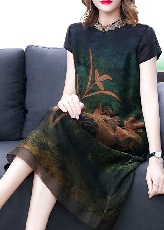 Green Print Silk Dress Embroideried Short Sleeve