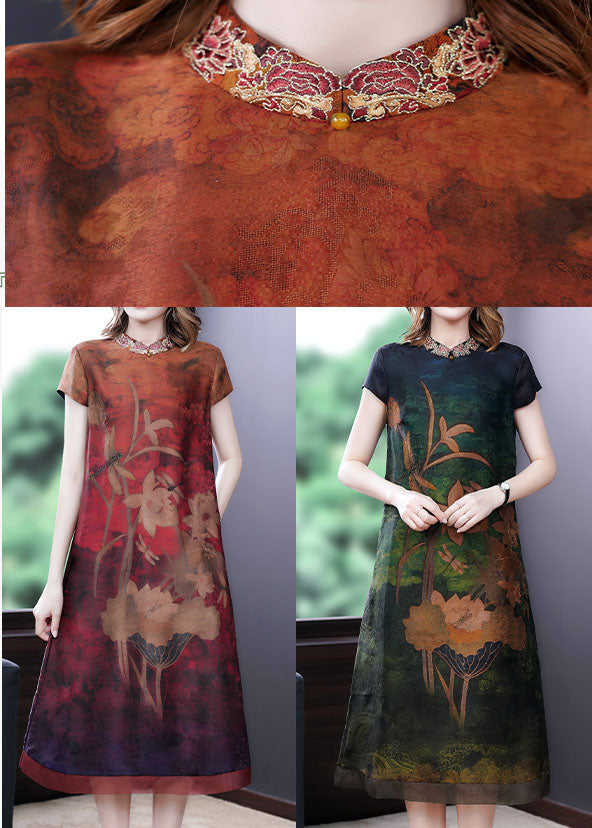 Green Print Silk Dress Embroideried Short Sleeve