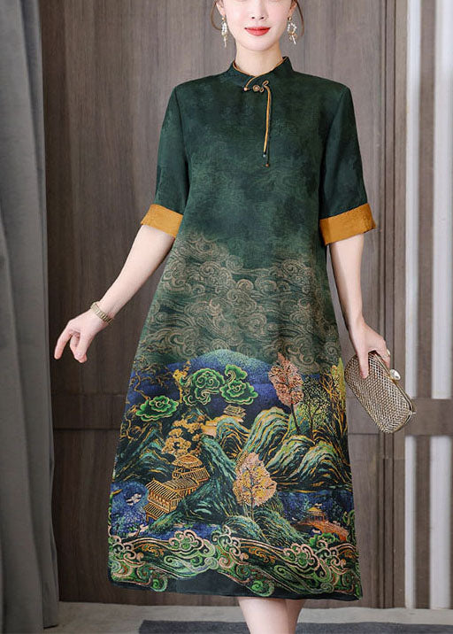 Green Print Silk Long Dress Mandarin Collar Zippered Short Sleeve