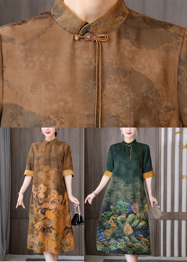 Green Print Silk Long Dress Mandarin Collar Zippered Short Sleeve