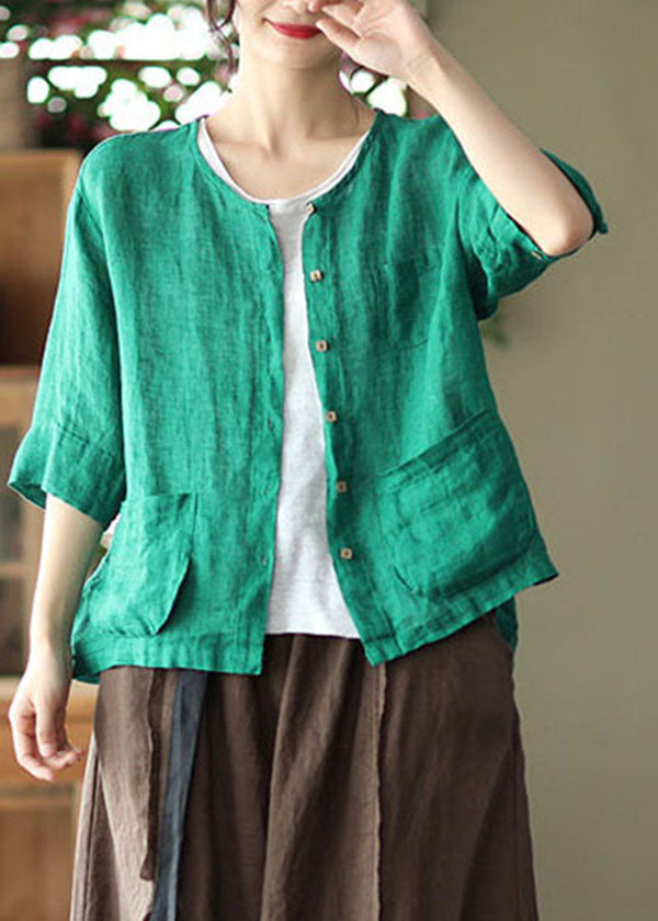 Green Solid Pockets Linen Cardigan O-Neck Button Half Sleeve