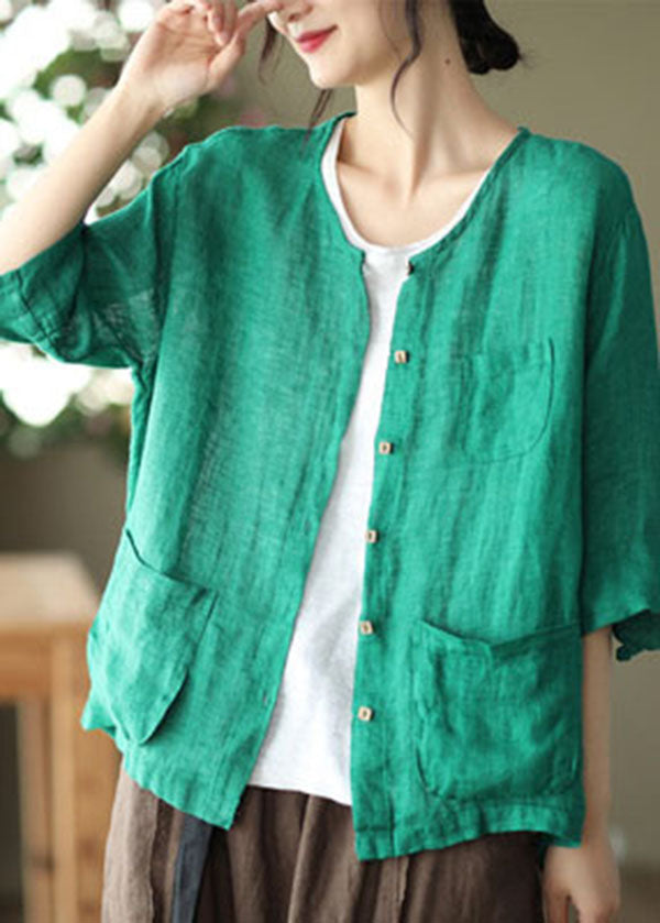 Green Solid Pockets Linen Cardigan O-Neck Button Half Sleeve