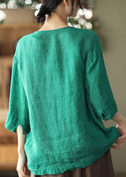 Green Solid Pockets Linen Cardigan O-Neck Button Half Sleeve