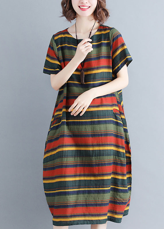 Green Striped Cotton Holiday Dress Pockets Short Sleeve