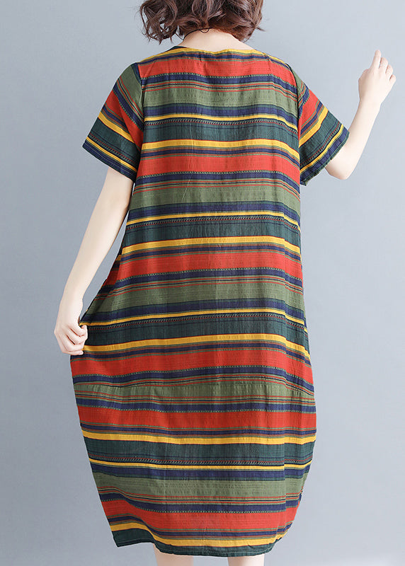 Green Striped Cotton Holiday Dress Pockets Short Sleeve