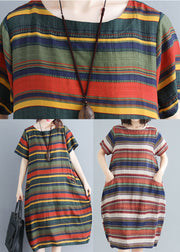 Green Striped Cotton Holiday Dress Pockets Short Sleeve