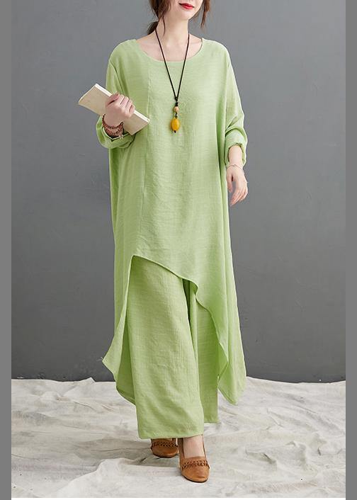 Green Suit Spring Long Top Casual Wide Leg Pants Two Pieces - SooLinen