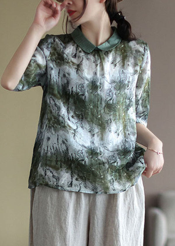 Green Tie Dye Linen Blouse Tops Peter Pan Collar Button Half Sleeve