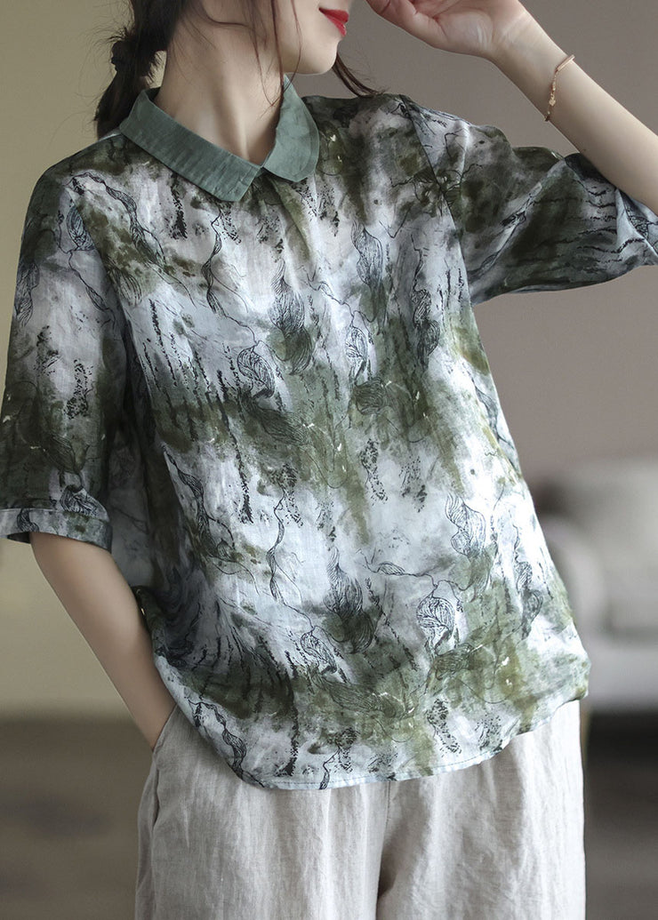 Green Tie Dye Linen Blouse Tops Peter Pan Collar Button Half Sleeve