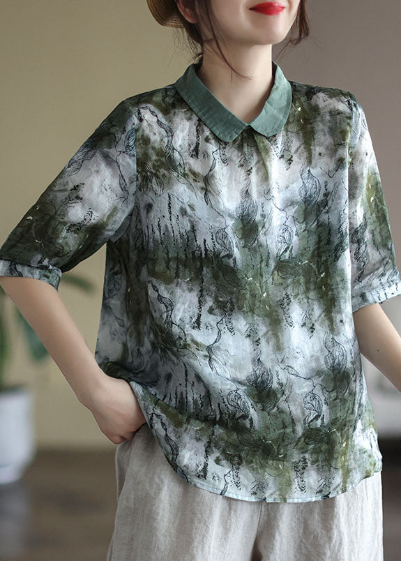 Green Tie Dye Linen Blouse Tops Peter Pan Collar Button Half Sleeve